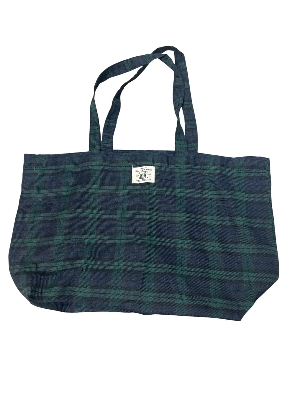 Sezane & Octobre Green and Navy Plaid Tote